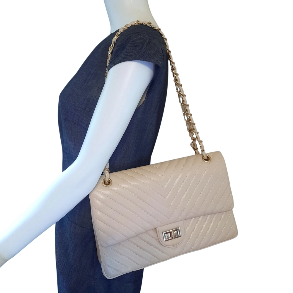 Chevron Quilted Double Flap Beige Vegan Leather Large Shoulder/Crossbody Bag